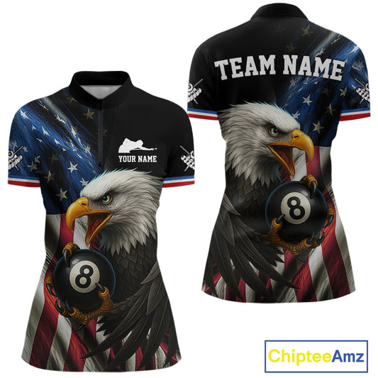 American Flag Eagle 8 Ball Womens Billiard Polo & 1/4 Zip Custom Patriotic Team Billiard Pool Jersey TDM3866