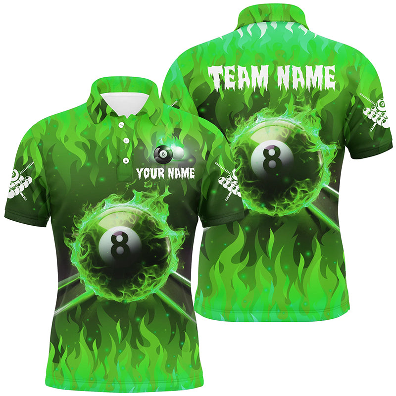 Personalized 3D 8 Ball Pool & Fire Men Polo Shirts Custom Billiard Apparel Jerseys |Green TDM1435
