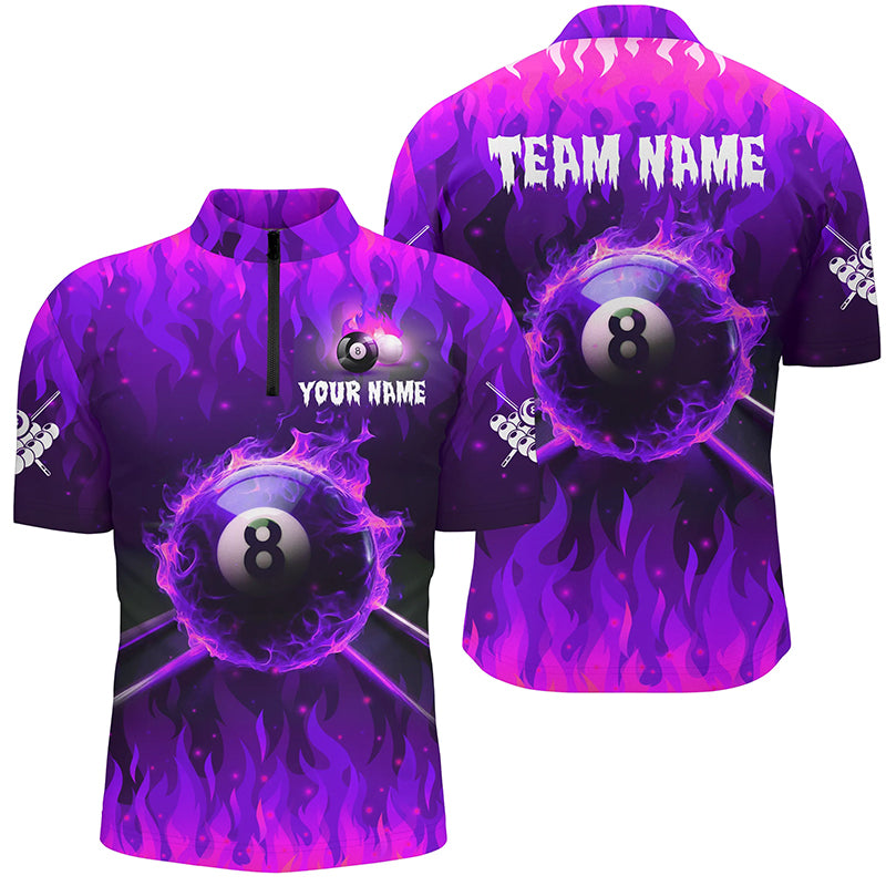 Personalized Purple 3D 8 Ball Pool & Fire Men Quarter-Zip Shirt Custom Billiard Apparel TDM1436