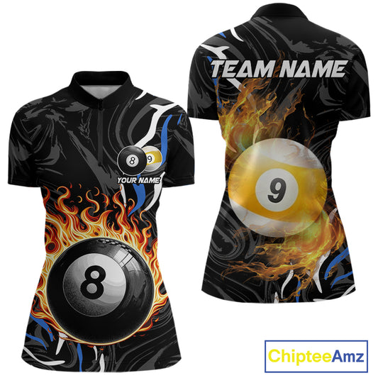 Personalized 8 Ball & 9 Ball Fire Flame Women Billiard Shirt, Billiard Jersey For Team Pooler |Blue TDM5209