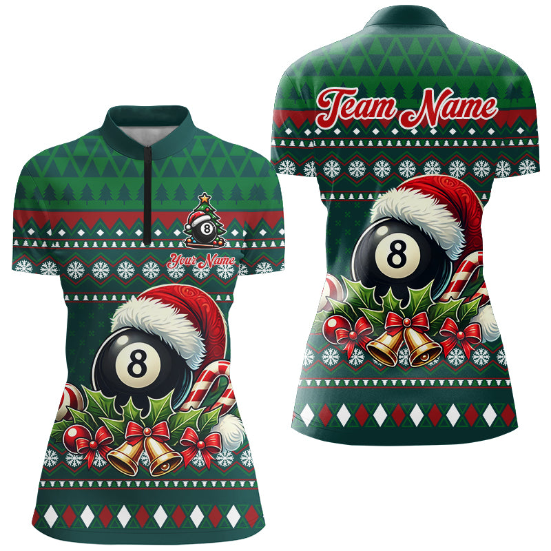 Funny Green Christmas Santa 8 Ball Pool Billiard Shirts For Women Custom Xmas Billiard Jerseys TDM3012
