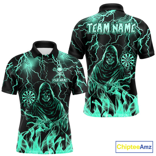 Custom Turquoise Grim Reaper Fire Flame Darts Polo Shirt Designed for Personalized Darts Team Jerseys with Powerful Lightning Graphics and Athletic Performance