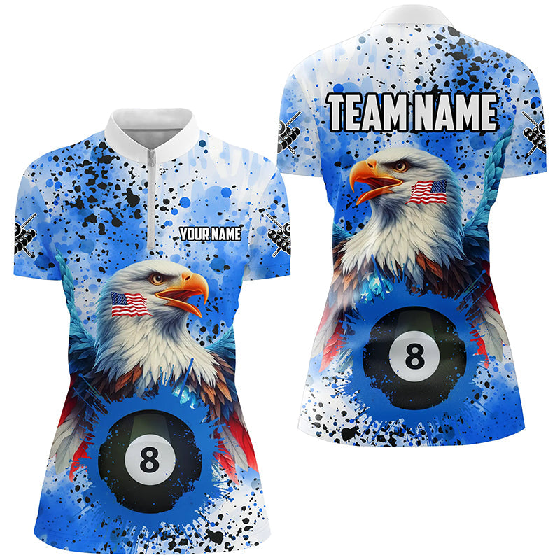 Blue Grunge Billiard Ball 8 Eagle Custom American Flag Women Billiard Shirts, Patriotic Pool Jerseys TDM1896