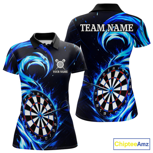 Black and blue flaming darts polo shirt for women with custom player name and team name.