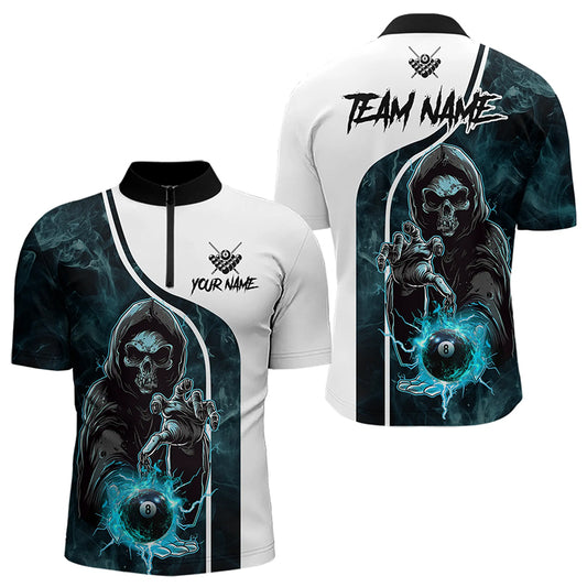 Blue Cyan Grim Reaper 3D Billiard Shirts For Men Custom Lightning 8 Ball Pool Billiard Jerseys TDM3347