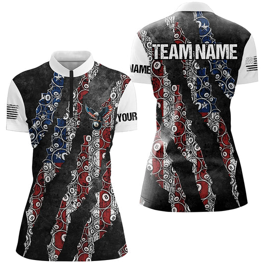 Grunge American Flag 8 Ball Pattern Custom Billiard Shirts For Women, Patriotic Billiard Jerseys TDM2399