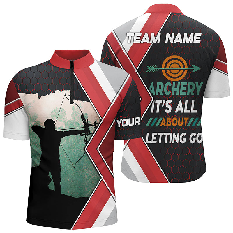 Archery It's All About Letting Go Custom Men Quarter-Zip Shirts, Funny Bow Archery Jerseys TDM0472
