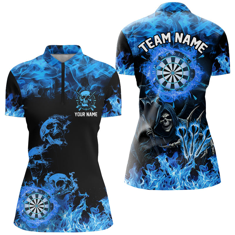 Fire Flame Darts Board Custom Skull Dart Shirts For Women, Grim Reaper Dart Jerseys | Blue TDM2903