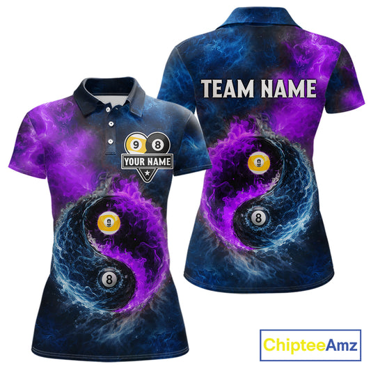Custom Blue Purple Water Fire Billiard Shirt For Women, 8 Ball & 9 Ball Pool Jersey Polo & 1/4 Zip TDM6298