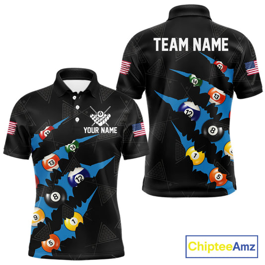 Personalized Scratch Black 8 Ball Billiard Shirt For Men, Pool Team Jersey Polo 1/4 Zip |Blue TDM6071