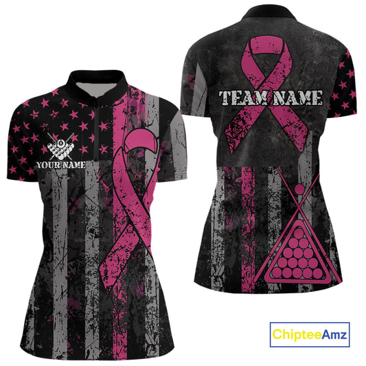 Custom Pink Ribbon Grunge US Flag Billiard Shirt For Women, Patriotic Breast Cancer Pool Team Jersey TDM4624