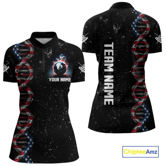 Women's Custom DNA American Flag Smoke 8 Ball Billiard Shirt, Patriotic Pool Jersey Polo & 1/4 Zip TDM4627