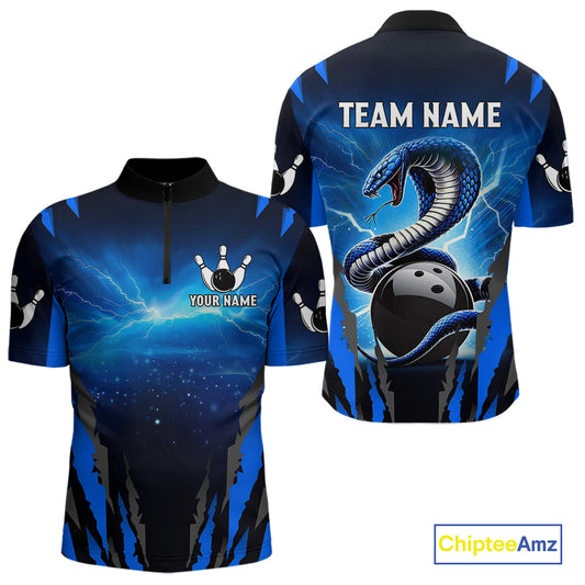 Personalized Blue Thunder Lightning Cobra Snake Bowling Shirts For Men, Bowling Team Jersey TDM4643