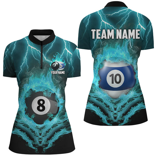 Billiard 8 & 10 Ball Fire Lightning Women Polo & 1/4 Zip Shirts Custom Billiard Jersey |Turquoise TDM1915
