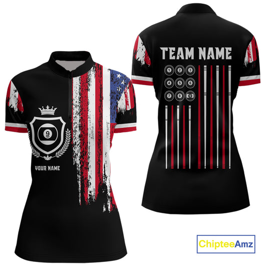 Personalized Grunge American Flag 9 Ball Pool Team Shirt For Women Custom Patriotic Billiard Shirts TDM4733