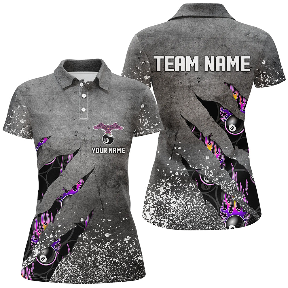 Custom Ball 8 Grey Grunge Billiard Polo Shirts For Women Best Custom Team Name Billiard Jerseys TDM0289