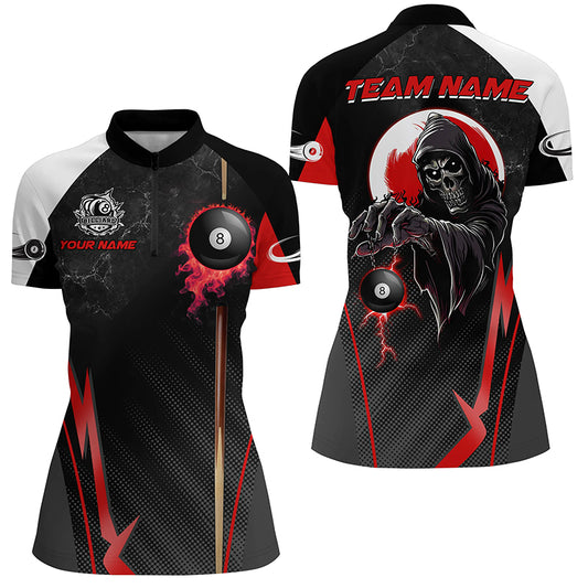 Funny Grim Reaper Ball 8 Fire Custom Women Billiard Shirts, Best 8 Ball Pool Jerseys |Red TDM2034