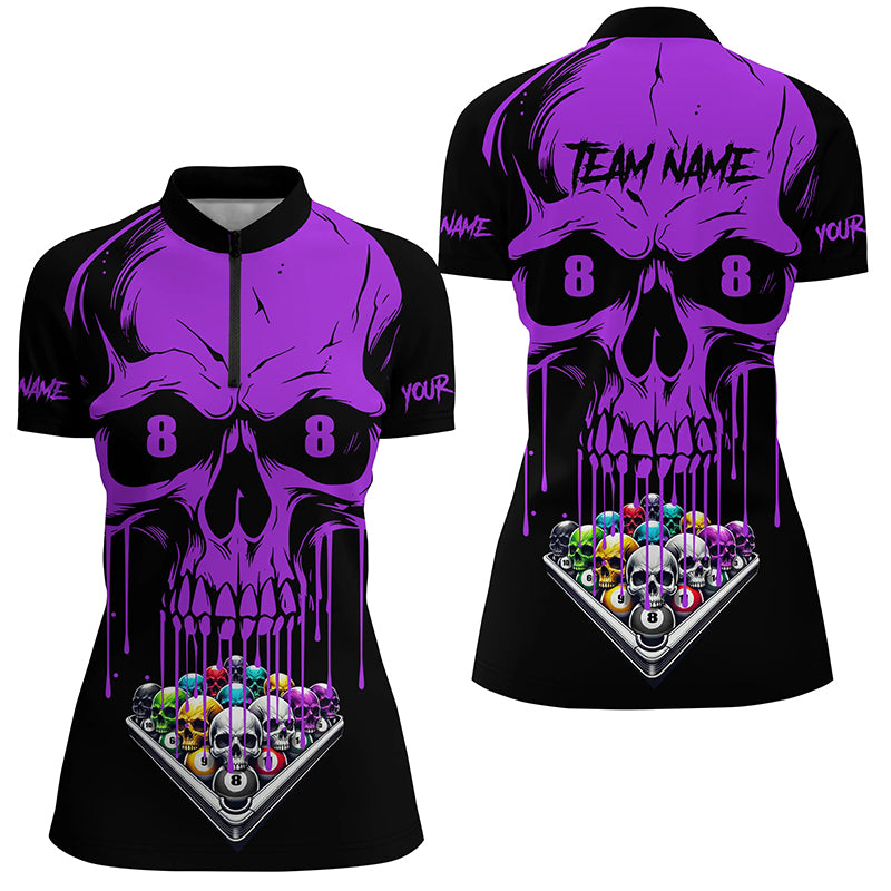 Personalized Skull Billiard Balls Funny Pool Shirts For Women, Unique Billiard Jersey Apparel |Purple TDM2777