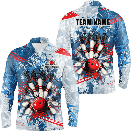 Blue camo Men Bowling Polo, Quarter Zip Shirts Custom bowling team league jerseys, gift for bowlers NQS7869