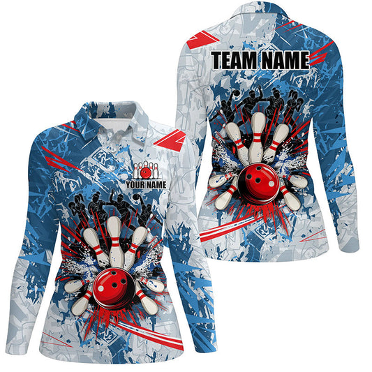 Blue camo Women Bowling Polo, Quarter Zip Shirts Custom bowling team league jerseys, gift for bowlers NQS7869