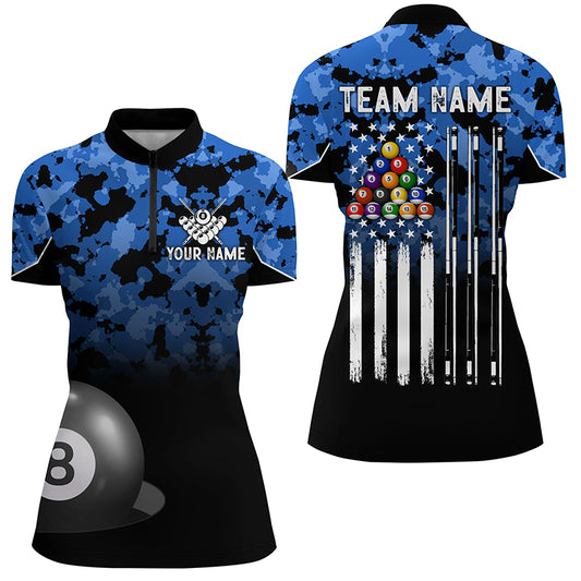 8 Ball Pool Blue Camo Custom Billiard Shirts For Women, Patriotic US Flag Billiard Team Jerseys TDM2313