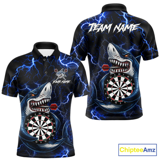 Custom Blue Thunder Lightning Shark Darts Polo Shirt Designed for Personalized Darts League Team Jerseys with Dynamic Artwork, Athletic Performance, and Professional Style
