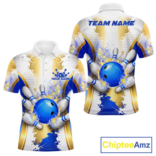 Bowling Ball Splatter Custom White, Blue & Gold Men's Bowling Shirt, Bowling Jersey Polo & 1/4 Zip TDM6178