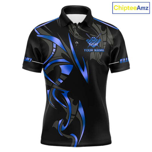 Custom Blue 8 Ball Pool Crown Billiard Shirts For Men, Billiard Team Jersey Polo & 1/4 Zip |Black TDM6192