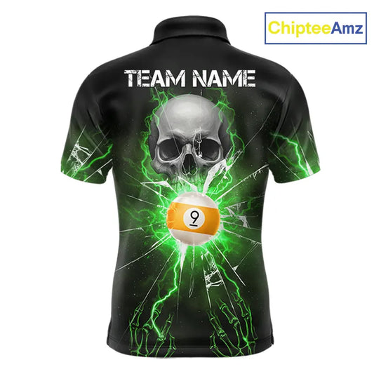 Green 8 & 9 Ball Skull Billiard Shirt For Men Custom Glass Break Pool Team Jersey Polo & 1/4 Zip TDM5972
