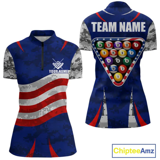 Personalized Camo American Flag Billiard Shirt For Women, Patriotic Pool Jersey Team Polo & 1/4 Zip TDM5609