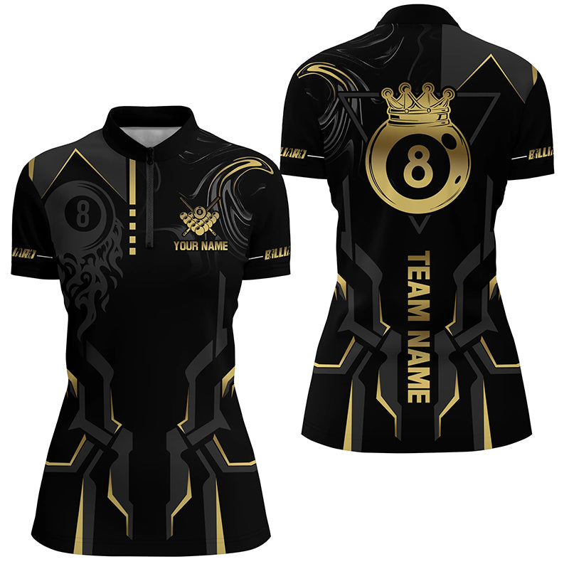 Customized 8 Ball Pool Crown Women Billiard Shirts, Gold And Black Billiard Team Shirts, Pool Jerseys TDM2645