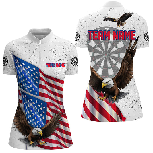 Personalized Eagle American Flag Custom White Grunge Darts Shirts For Women, Patriotic Darts Jerseys TDM2428