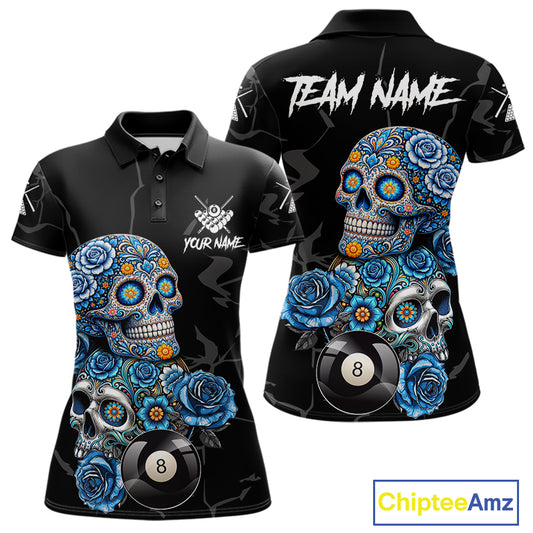 Personalized Blue 8 Ball Sugar Skull Billiard Shirt For Women, Pool Team Jersey Polo & 1/4 Zip TDM6261