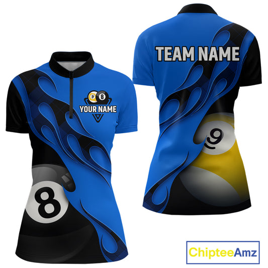 Black And Blue Billiard 8 Ball & 9 Ball Pool Shirt For Women Custom Billiard Team Jersey Uniform TDM5163