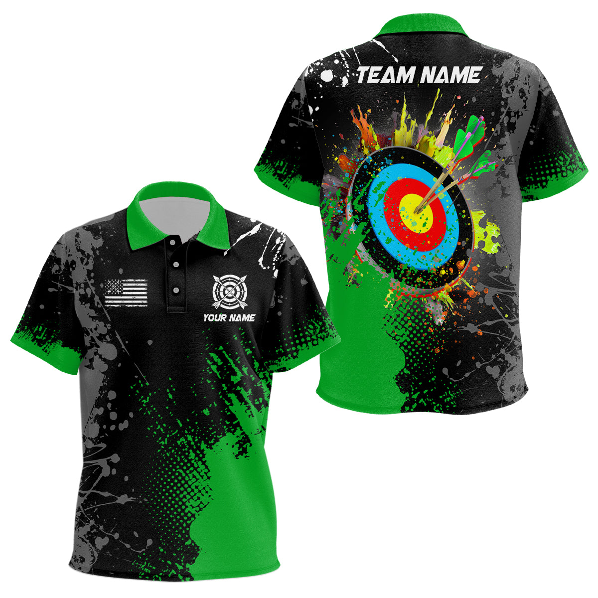 Personalized Paint Green 3D Target Archery Polo Shirts For Kid Custom Name Archery Jerseys Attire TDM1103