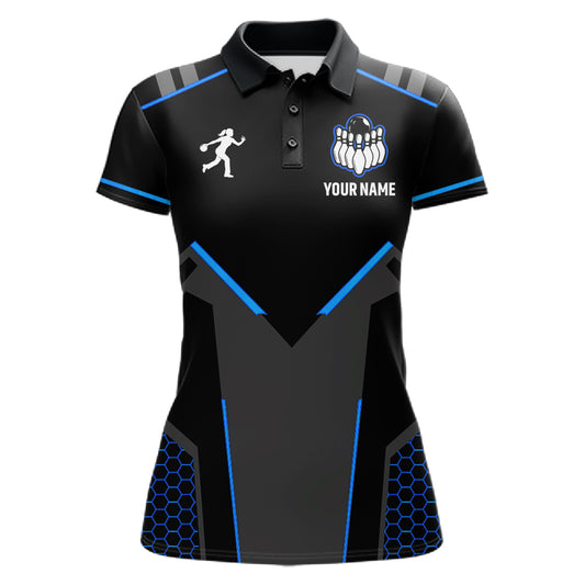 Personalized Bowling Jersey For Women Custom Black And Blue Bowling Team Shirt Polo & 1/4 Zip TDM6117