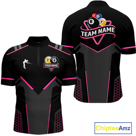 Personalized 8 Ball & 9 Ball Pool Billiard Polo, 1/4 Zip For Men Custom Team Billiard Jersey|Pink TDM4048