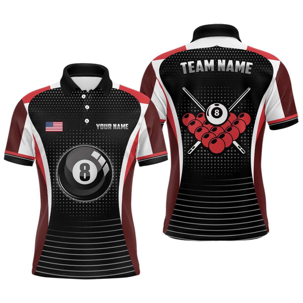 Custom Black Red Billiard Jerseys Shirts For Men Personalized Name 8 Ball Pool Polo Shirts TDM0423