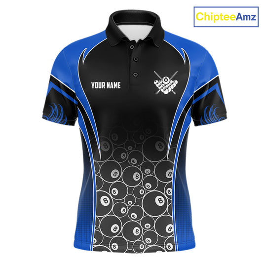 Personalized Black and Blue 8 Ball Wings Billiard Polo Shirt for Men Featuring Striking Winged 8 Ball Artwork for Pool League Players, Team Competition, and Tournament Events