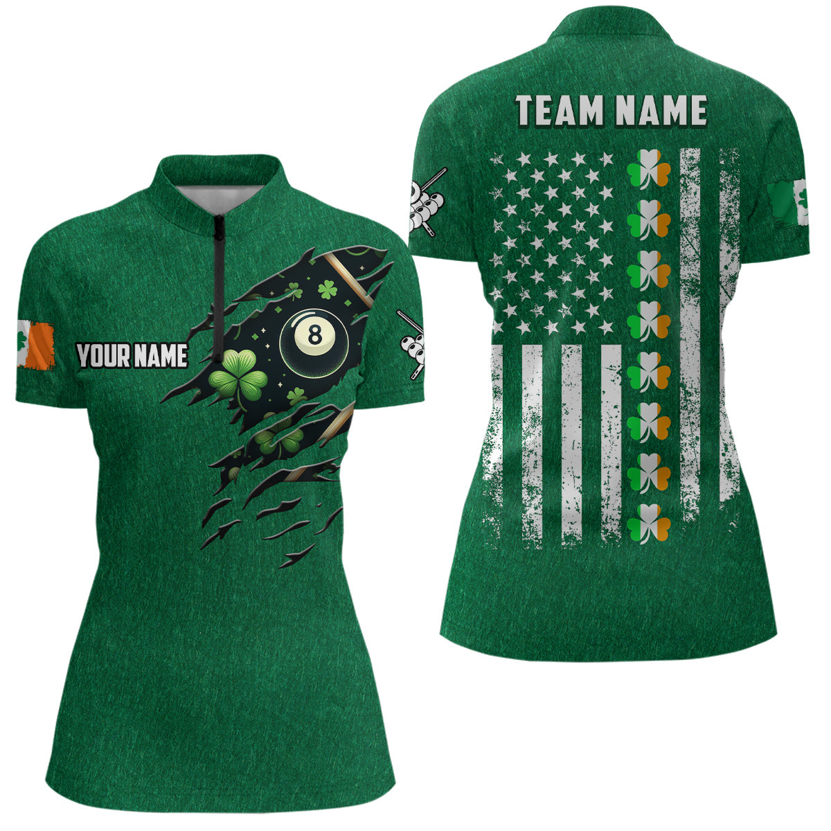 St Patrick's Day US Flag Custom Women Billiard Quarter-Zip Green Patrick Billiards Shirts TDM1029