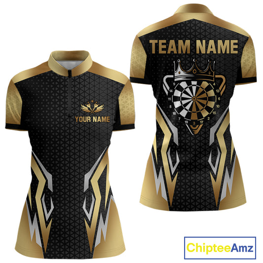 Black And Golden Funny Crown Darts Shirt For Women Custom Darts Jerseys Team Polo & Quarter Zip TDM4324