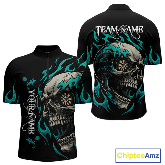 Personalized Turquoise Flaming Skull Darts Shirt For Men Custom Darts Jersey Team Polo & 1/4 Zip TDM4763