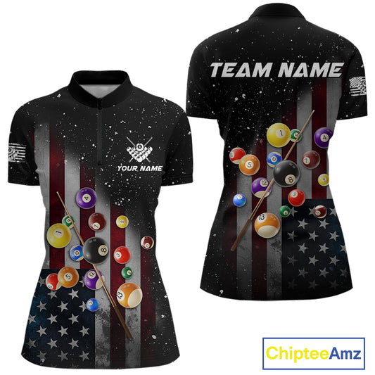 Personalized Patriotic Billiard Jerseys For Women Custom American Flag Grunge Billiard Team Shirt TDM4454
