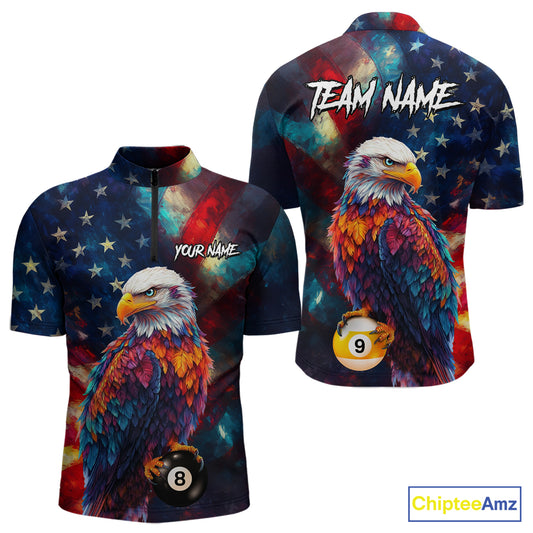 Custom Colorful Eagle 8 Ball & 9 Ball Billiard Shirt For Men, Patriotic US Flag Pool Team Jersey TDM4238