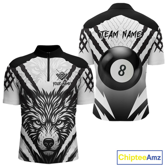 White Black Billiard Jersey Polo & 1/4 Zip Custom 8 Ball Pool Wolf Billiard Team Shirt For Men TDM4518