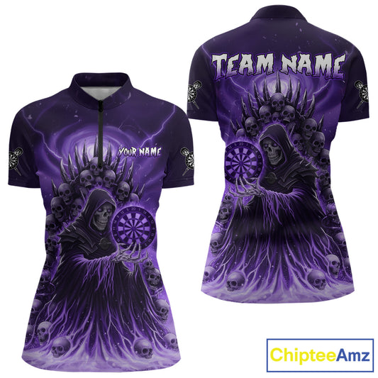 Personalized Purple Grim Reaper Darts Jersey For Women Custom Skull Darts Team Polo & Quarter Zip TDM5059