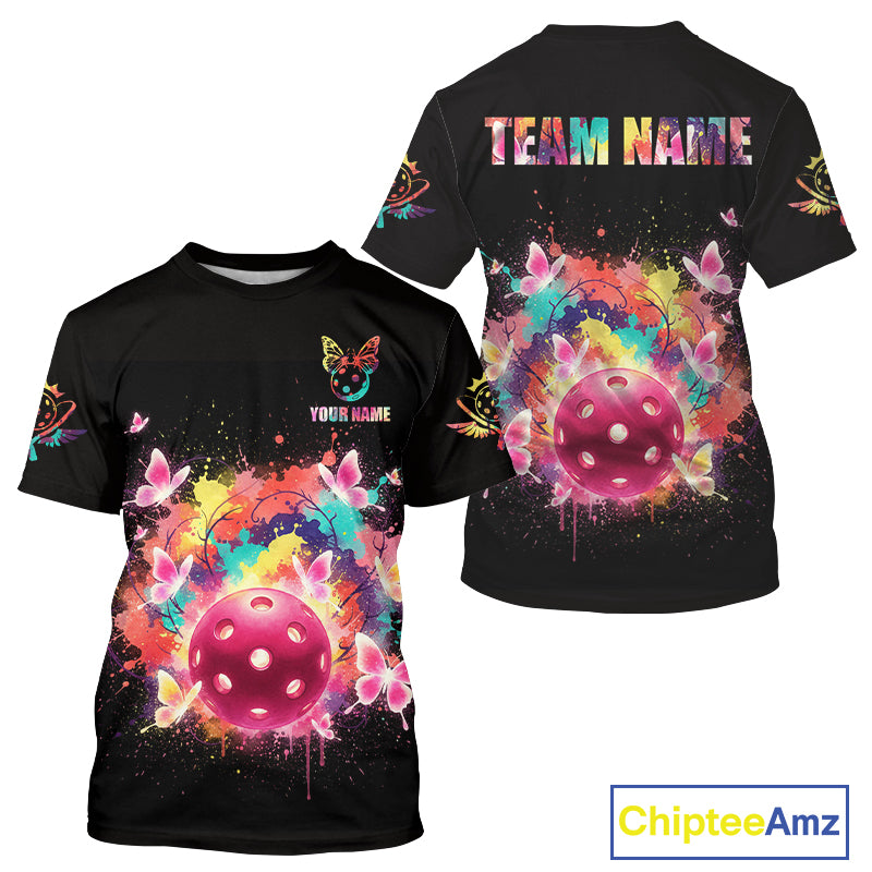 Colorful Flowers Butterfly Pickleball Ball T-Shirt Custom Black Men's Pickleball Jerseys NYN1874