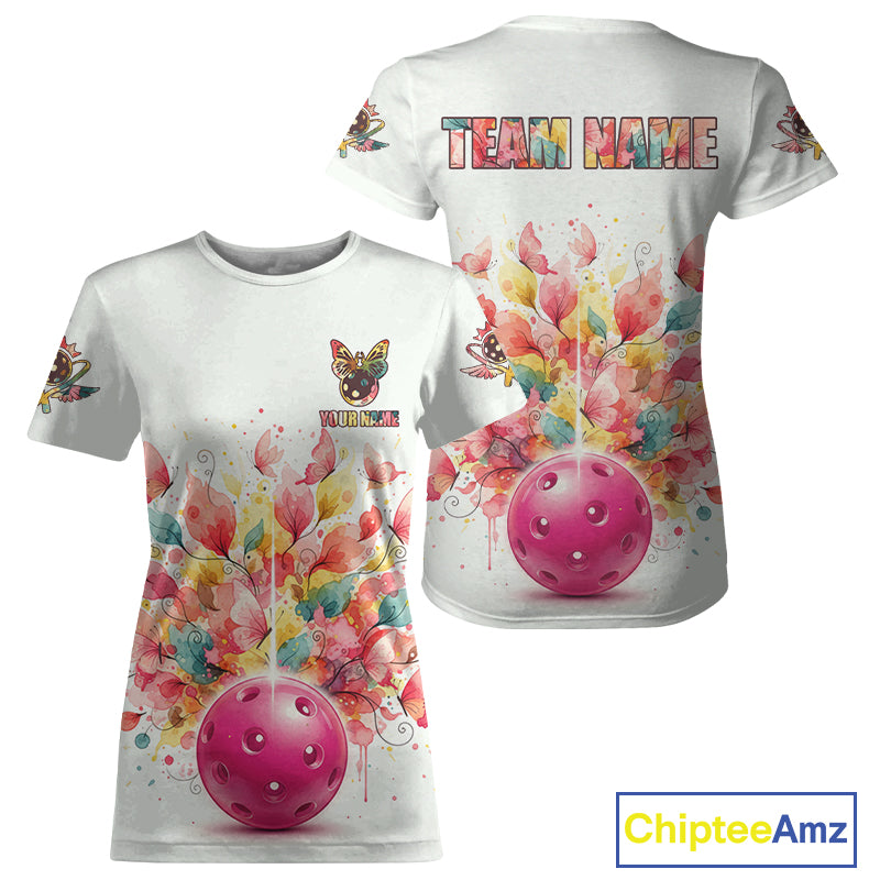 Colorful Flowers Butterfly Pickleball Ball T-Shirt Custom White Women's Pickleball Jerseys NYN1875