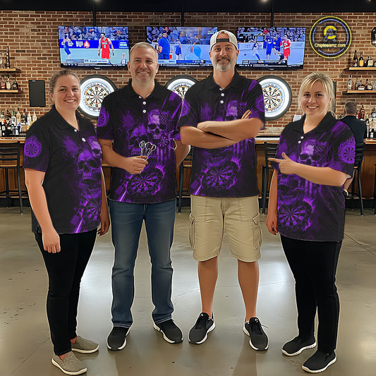 Custom Purple Smokes Grunge Skull Men Darts Quarter- Zip Shirt US Flag Skull Dart League Jerseys NYN2124