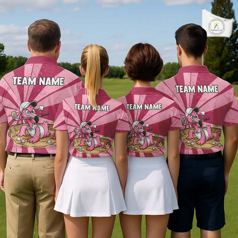 Golf team wearing matching flamingo golf polos during club championship, personalized golf uniforms for tournaments, charity golf events and corporate golf outings.